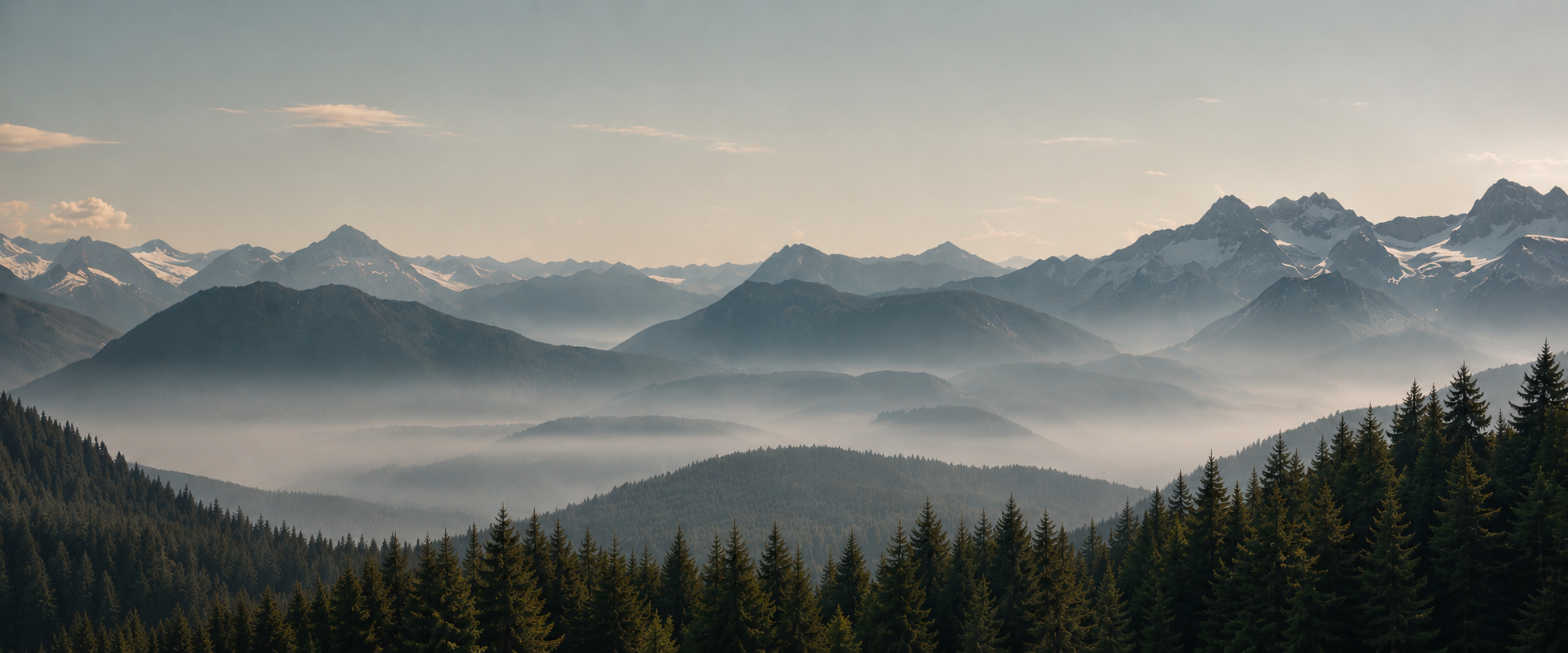 Panoramic layered alpine mountain ranges fading into mist
