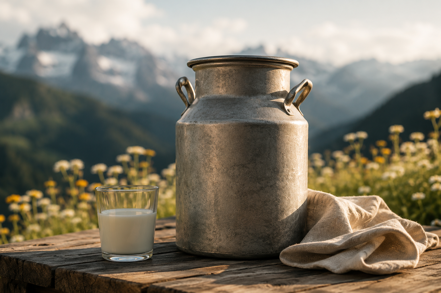 Vintage Milchkübel mit einem Glas frischer Milch auf rustikalem Holztisch vor alpiner Blumenwiese und schneebedeckten Gipfeln